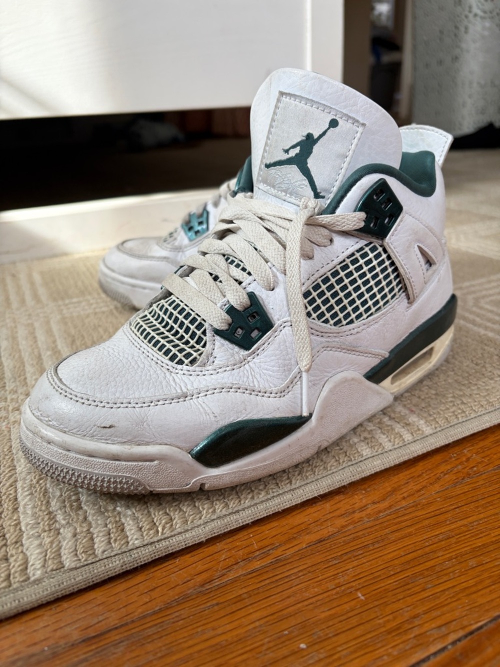 Size 6 Jordan Kids White and Dark Green Retro 4 Sneakers